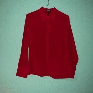 Express Bright Red Silk Button-Up Blouse